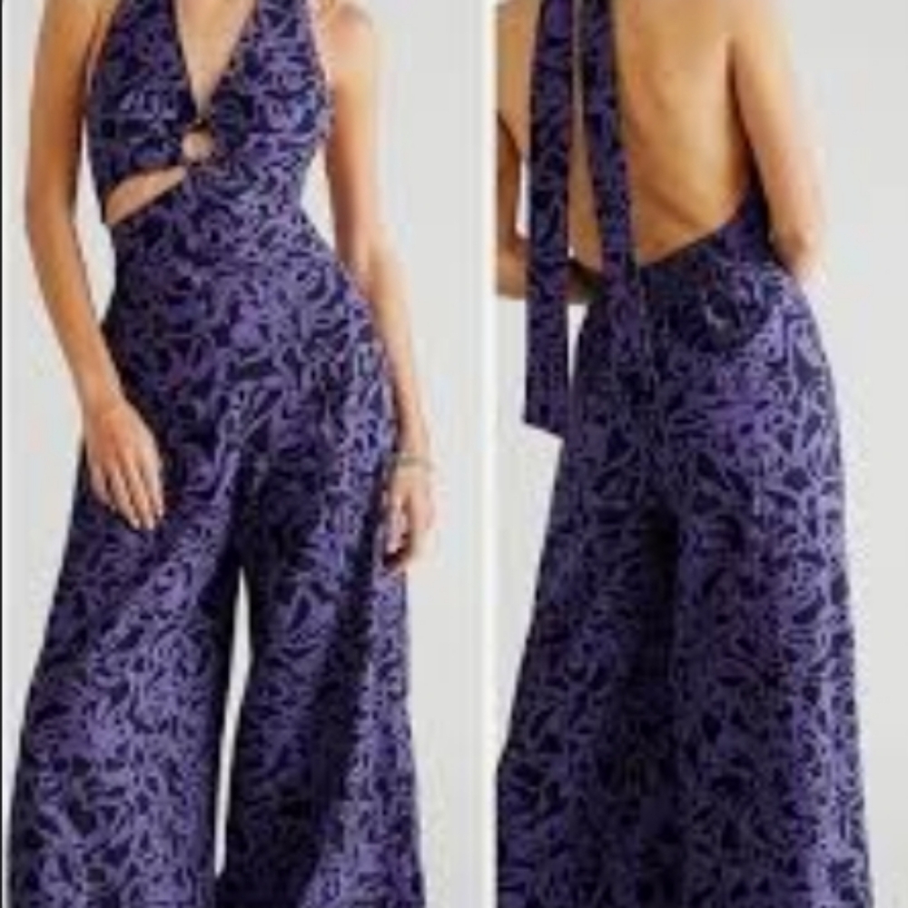 New-Free Kira People-Purple & Black Halter Jumpsuit Cotton